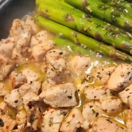 Garlic Butter Chicken Bites Recipe with Asparagus